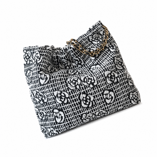 Chanel 22 Bag Large Black & White CC Jacquard Tweed | Gold Chain Handles — 42cm
