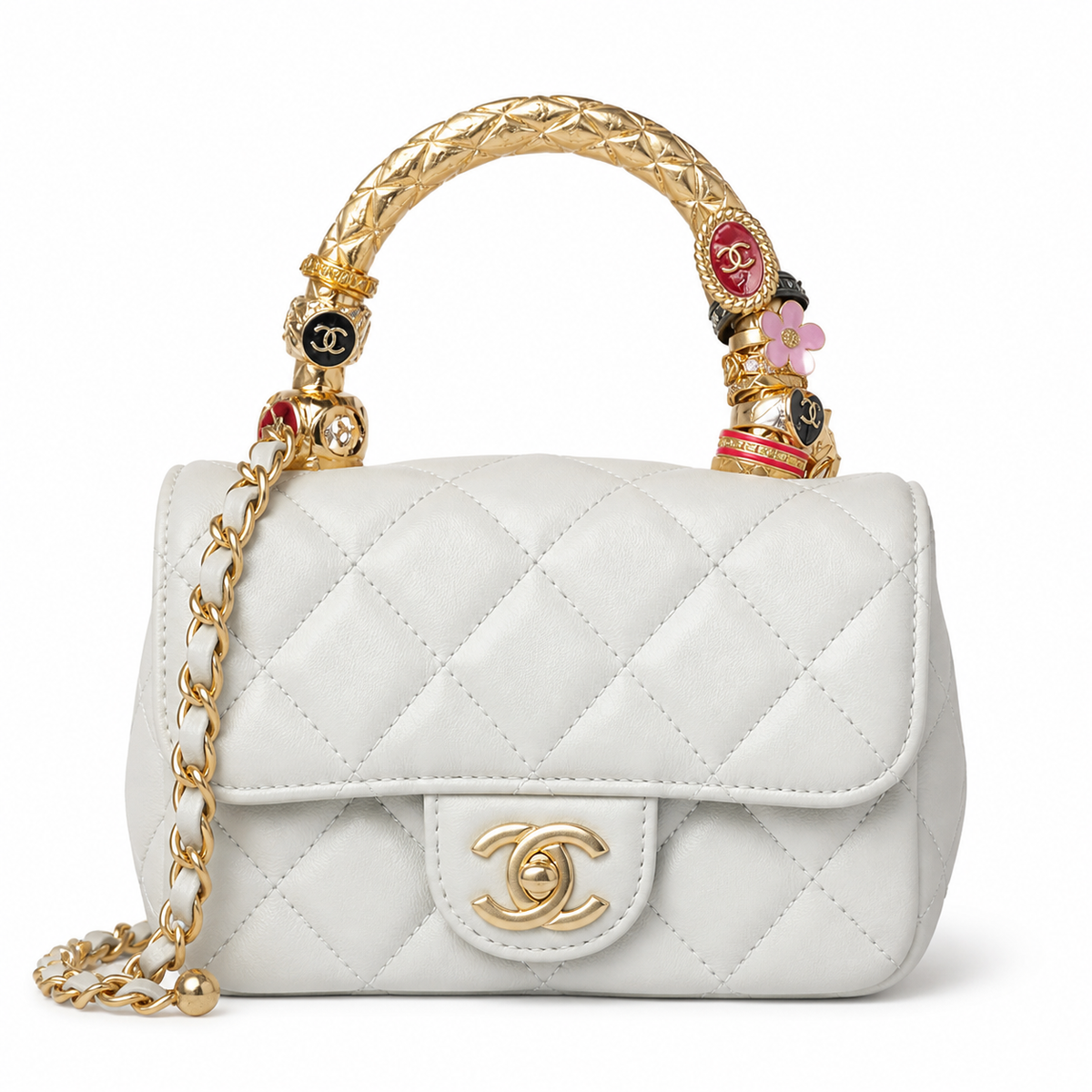 Chanel Ivory White Quilted Lambskin Mini Flap | Jeweled Handle & Red CC Disc — 19cm