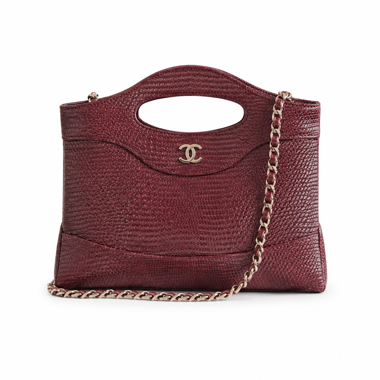Chanel Burgundy Lizard-Embossed Leather Tote | Cut-Out Handle & Ruthenium Chain Strap