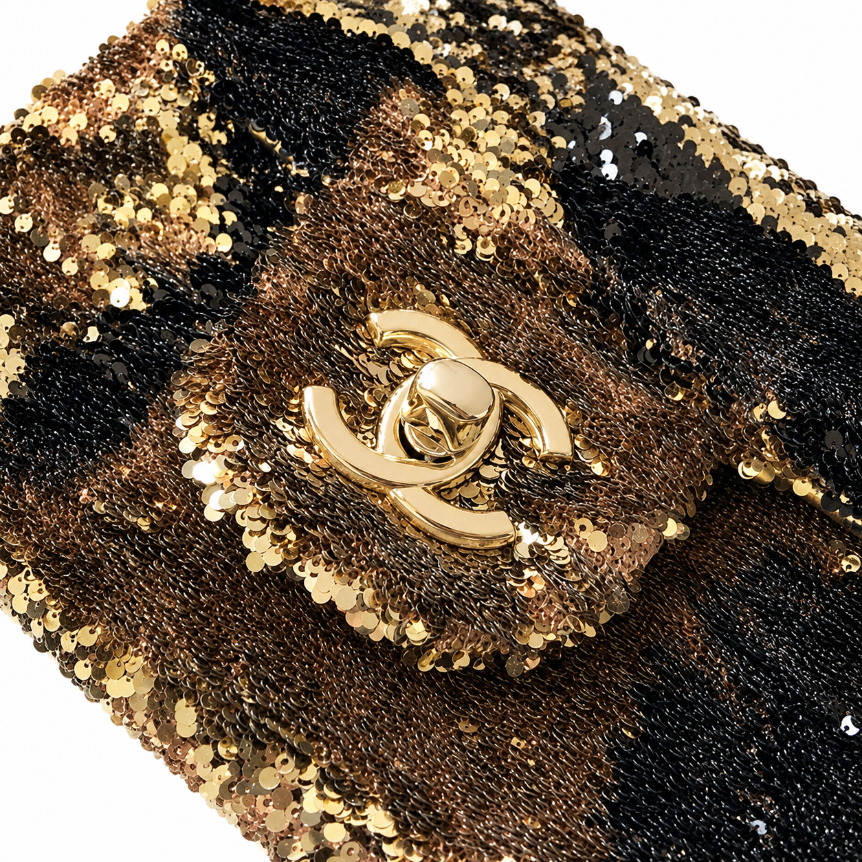 Chanel Black & Gold Tiger-Stripe Sequin Medium Flap Bag | Gold Silk Lining, Nude Piping & CC Turn-Lock