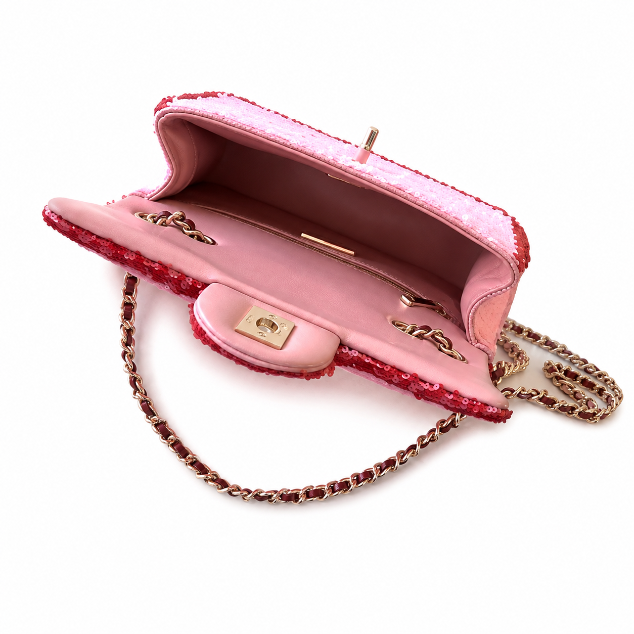 Chanel Pale Pink & Burgundy Sequin Flap Bag | Precision Geometric Border, Rose Gold Chain & Hidden CC Zip Pull