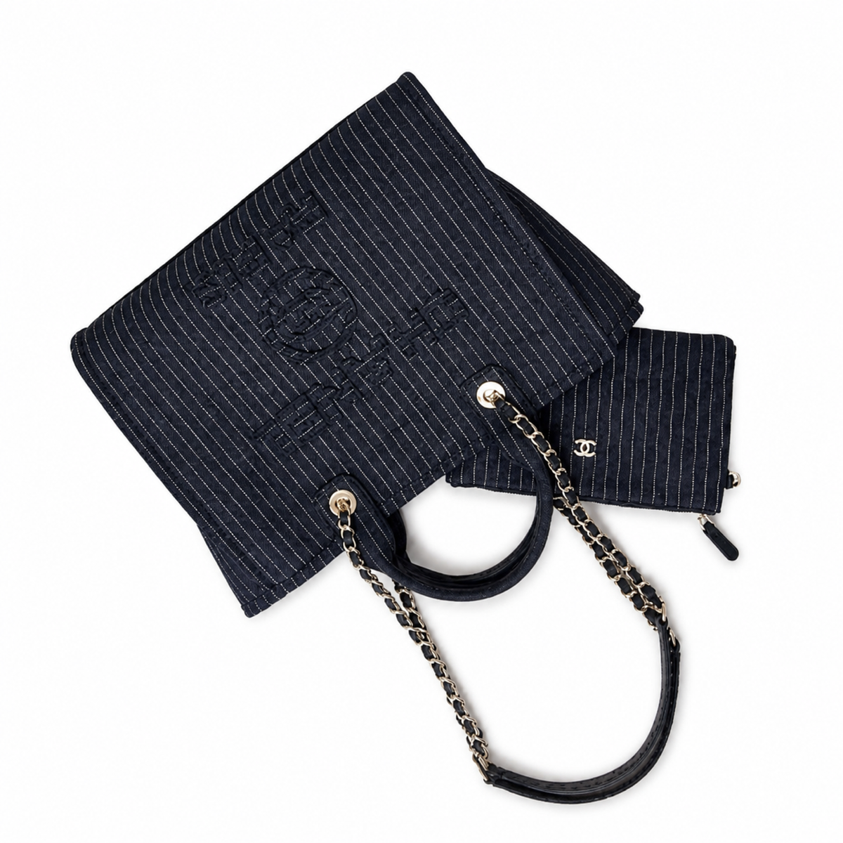 Chanel Deauville Tote Navy Pinstripe Tweed | Tonal CHANEL Embroidery — 32cm