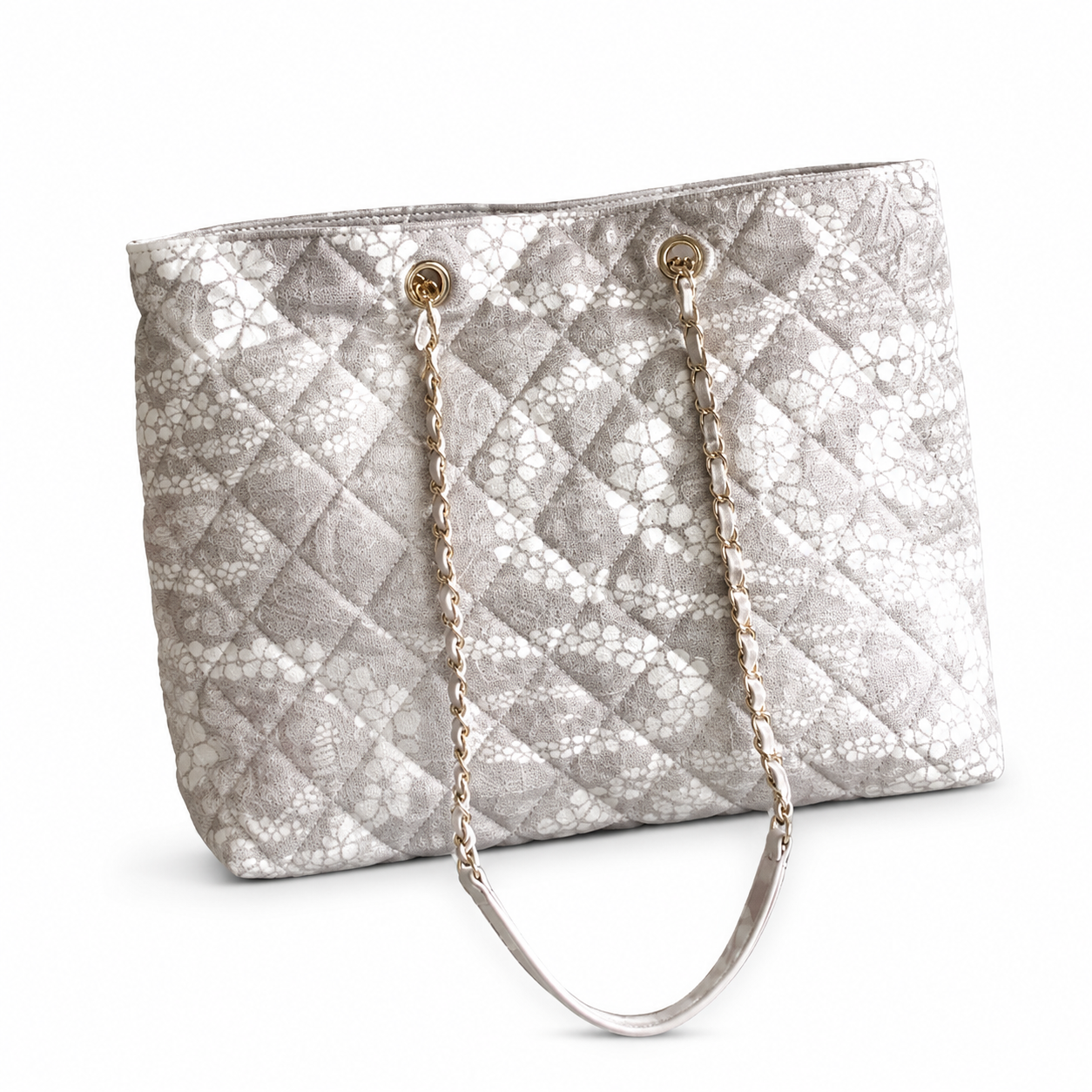 Chanel Grey & White Floral Jacquard Quilted Shopping Tote | Gold Oval Logo Plate, Silver Chain & Fabric Top Handle