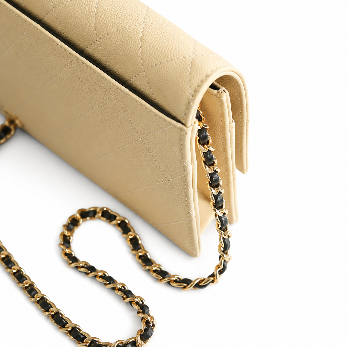 Chanel Beige Caviar WOC | Contrast Black CC & Black Chain — 19cm