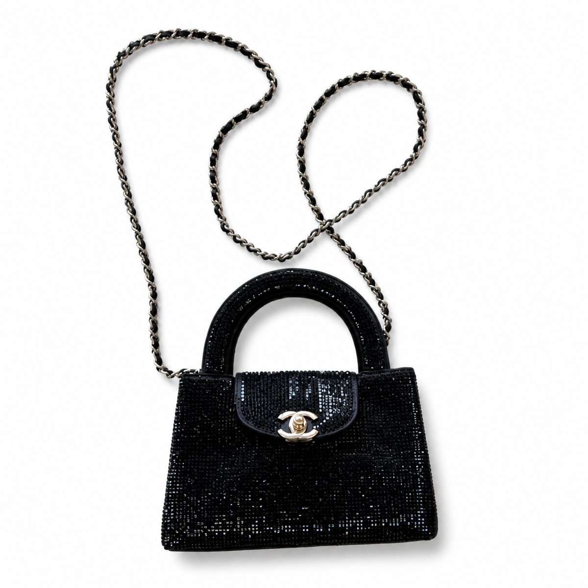 Chanel Black Crystal Mini Top-Handle Flap | Crystal Arch Handle & Silver Chain — 19cm