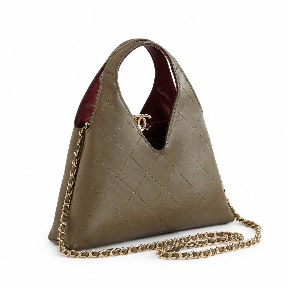 Chanel Large Hobo Bag Sage Green Diamond-Quilted Lambskin | Burgundy Interior & Gold CC Clasp — 32cm