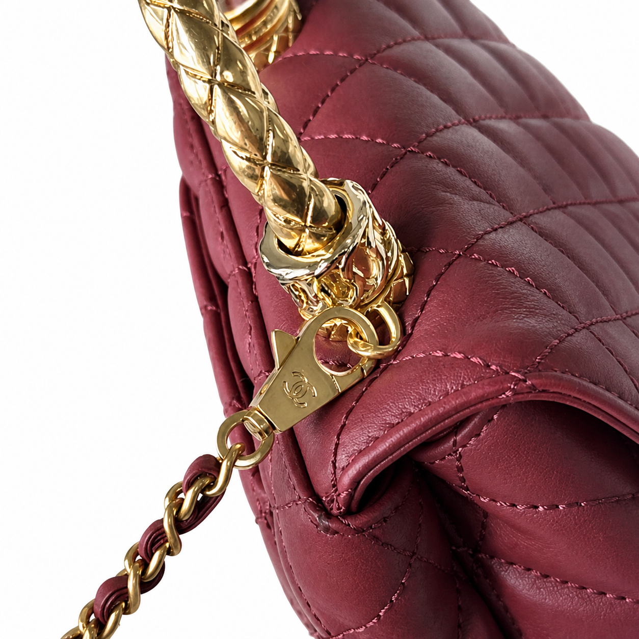 Chanel Burgundy Quilted Lambskin Mini Flap | Camellia Charm Jeweled Handle — 19cm