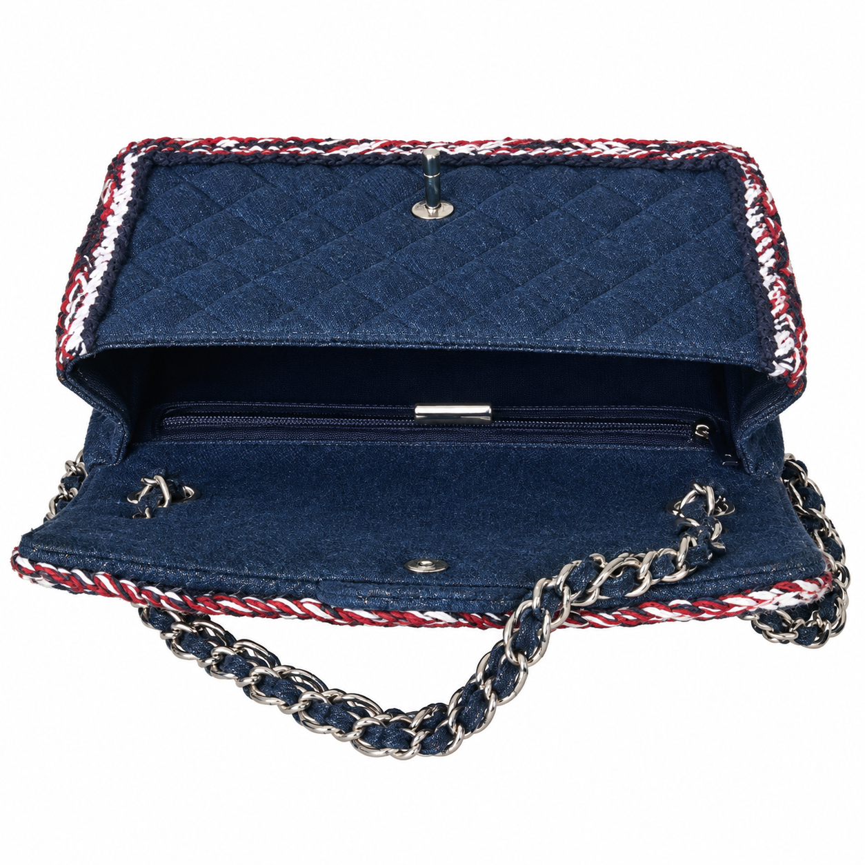 Chanel Quilted Navy Denim Flap Bag Multicolor Braid Trim 25cm