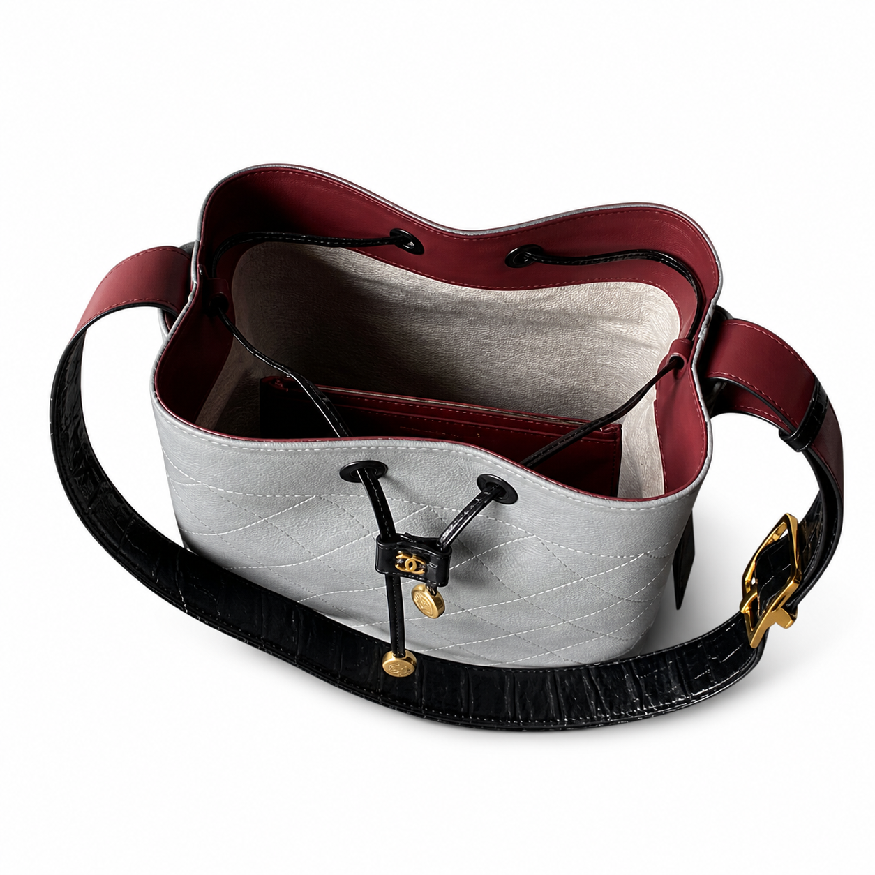 Chanel Bucket Bag Metallic Silver Quilted Lambskin | Ruthenium Hardware & Burgundy Interior — 23cm