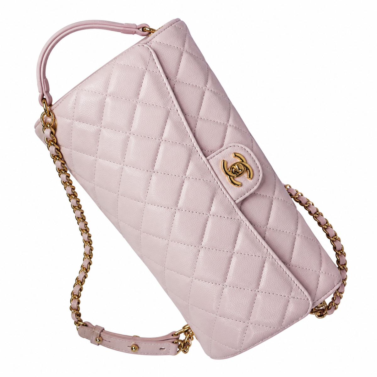 Chanel Petal Pink Diamond-Quilted Lambskin Elongated Flap Bag | Gold Heart Charms & Gold Chain