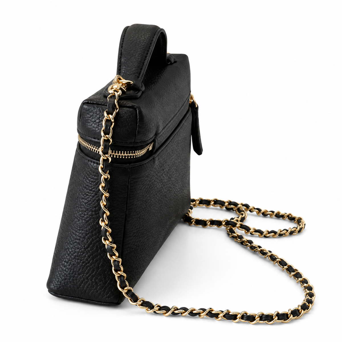 Chanel Black Pebbled Leather Camera Bag | Dual-Zip Top, Top Handle & Gold Leather-Woven Chain
