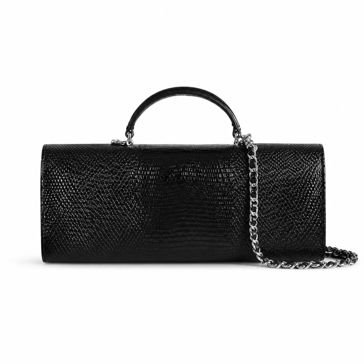 Chanel Black Lizard-Embossed Baguette Flap Bag | Top Handle & Silver Chain