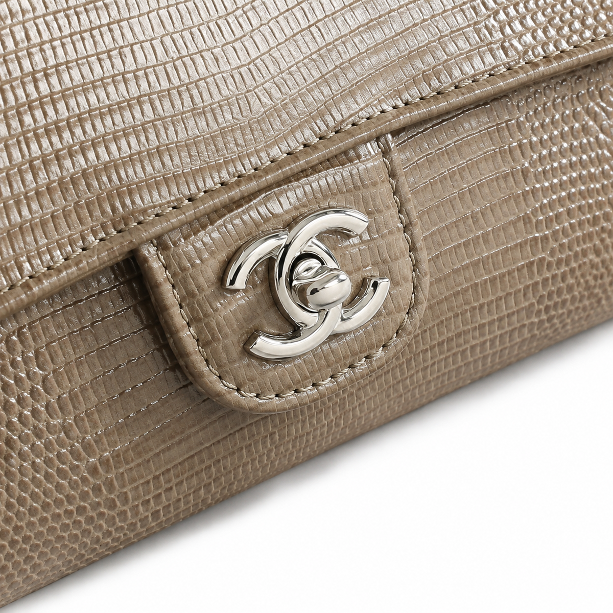 Chanel Bronze Metallic Lizard-Embossed Baguette Flap Bag | Top Handle & Silver Chain