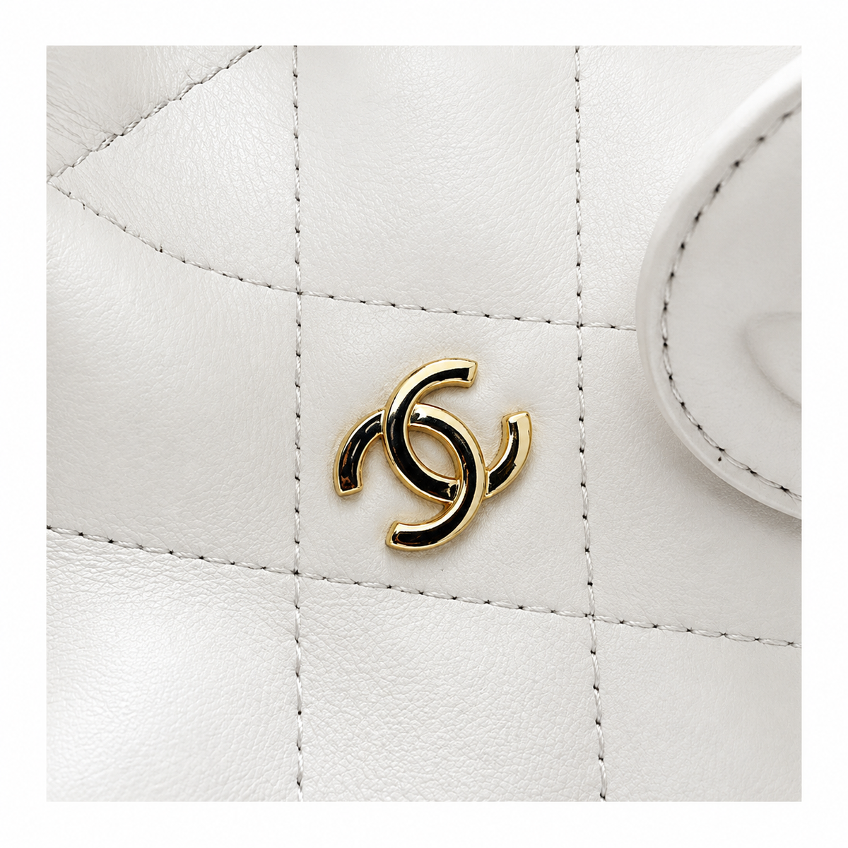 Chanel White Lambskin Quilted Drawstring Bucket Bag | Triple CC Coin Charms & Adjustable Strap