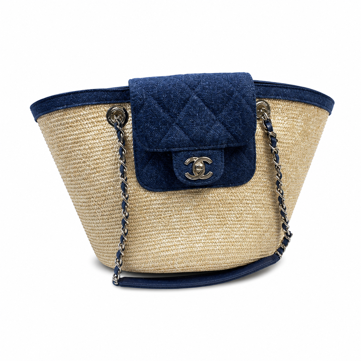 Chanel Small Basket Bag Natural Raffia & Navy Quilted Denim | Silver CC Turn-Lock — 41cm