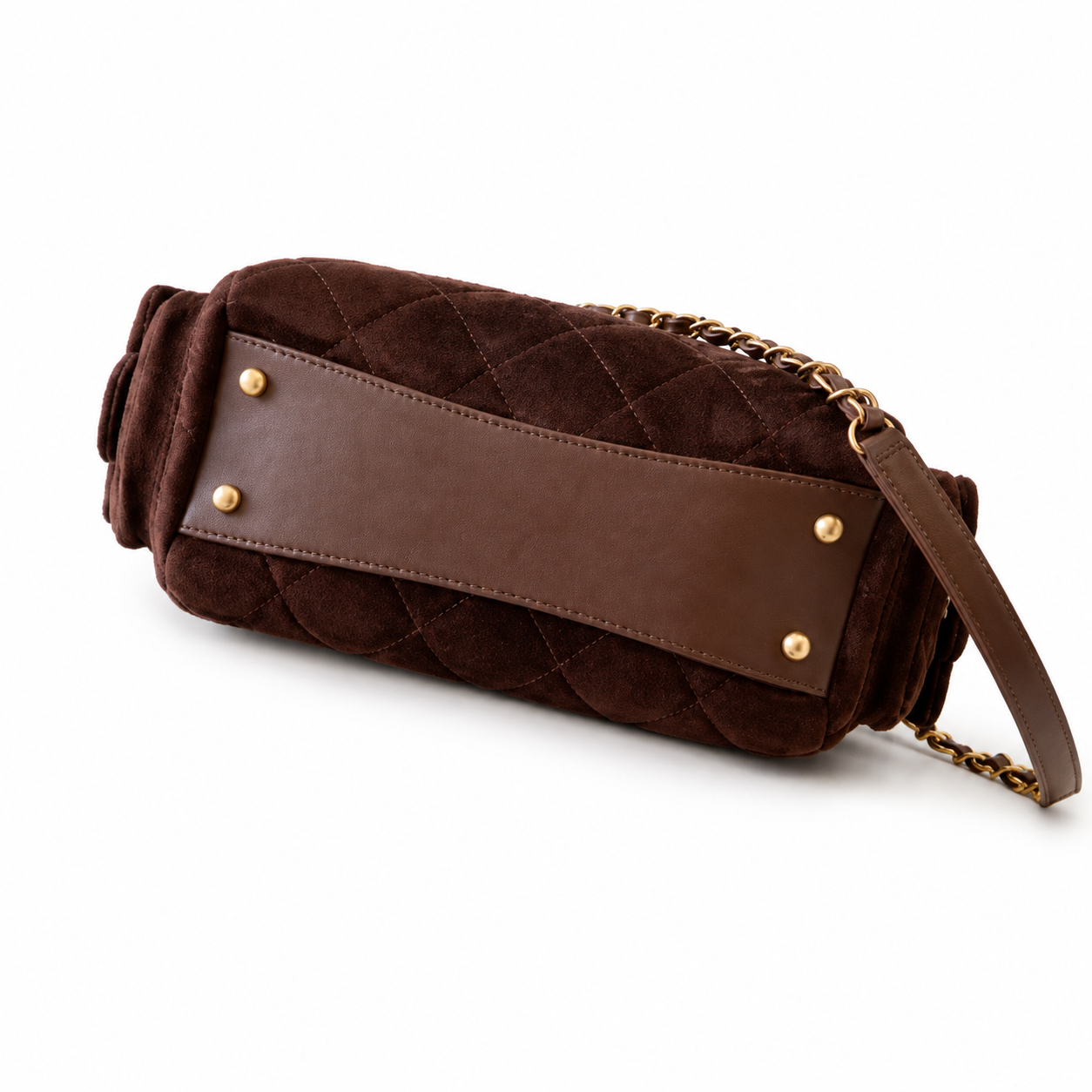 Chanel Deep Chocolate Brown Suede Quilted Camera Bag | Gold CC, Tonal Side Pockets & Double Chain with Brown Interlace