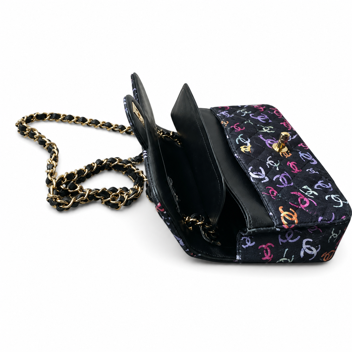 Chanel CC Print Classic Flap Bag | Black Quilted Satin — 23cm
