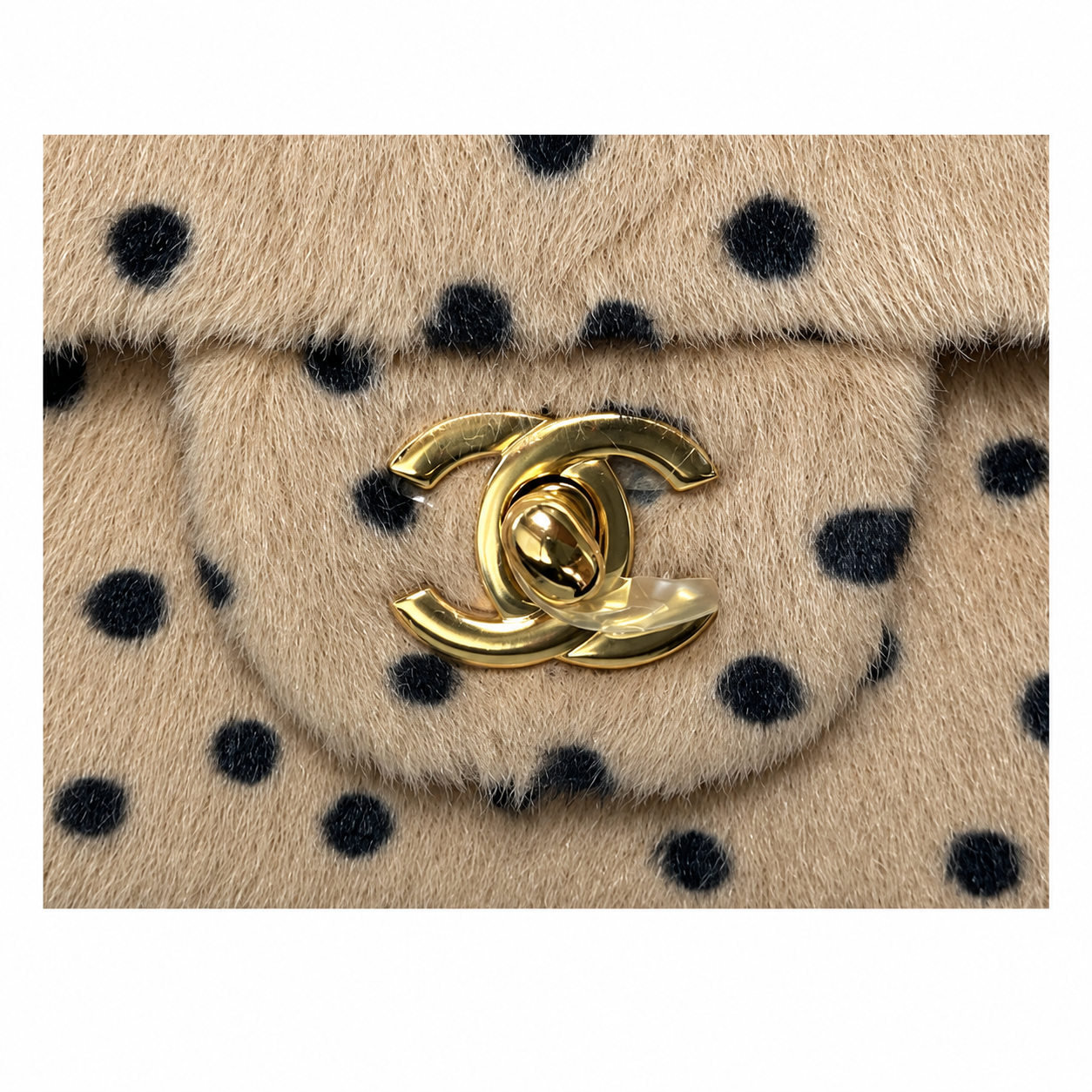 Chanel Polka Dot Shearling Mini Classic Flap Bag Beige Black 20cm
