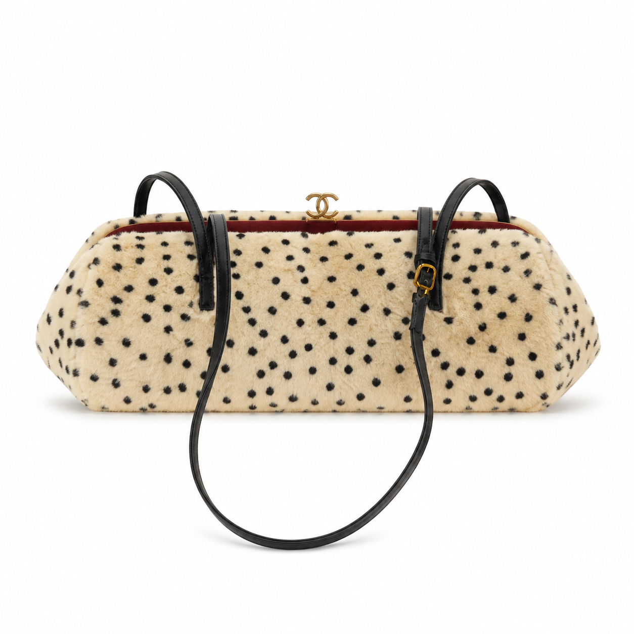 Chanel CC Polka Dot Shearling Flap Tote | Cream & Black Gold CC — 36cm