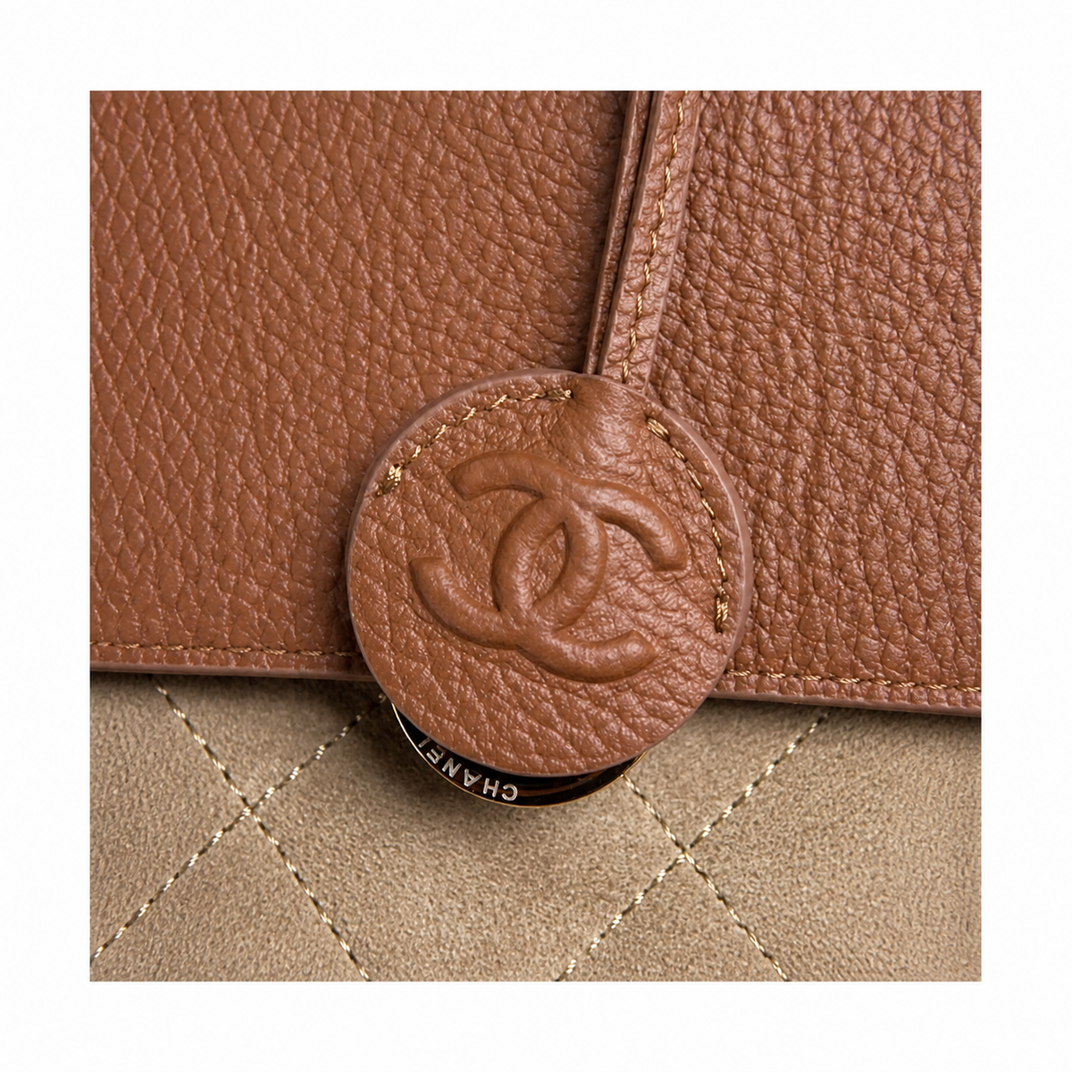 Chanel Large Tote Bag Natural Beige Quilted Canvas & Cognac Leather | Gold CC Turn-Lock — 42cm
