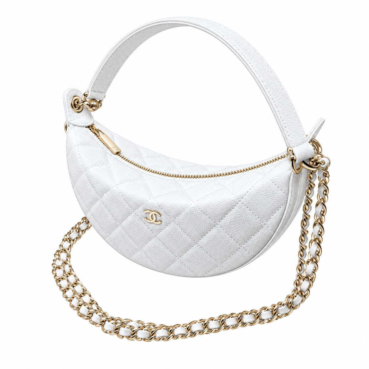 Chanel Crescent Hobo Quilted Caviar White Gold Pearl Zip Dual Chain 22cm
