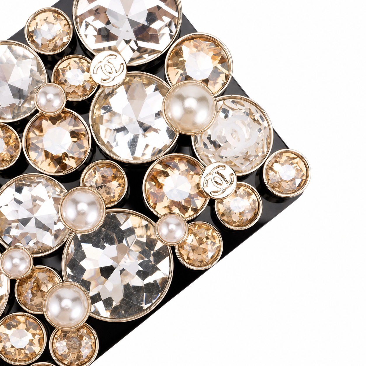 Chanel CC Crystal & Pearl Box Clutch | Black Lacquer & Gold Chain — 16cm