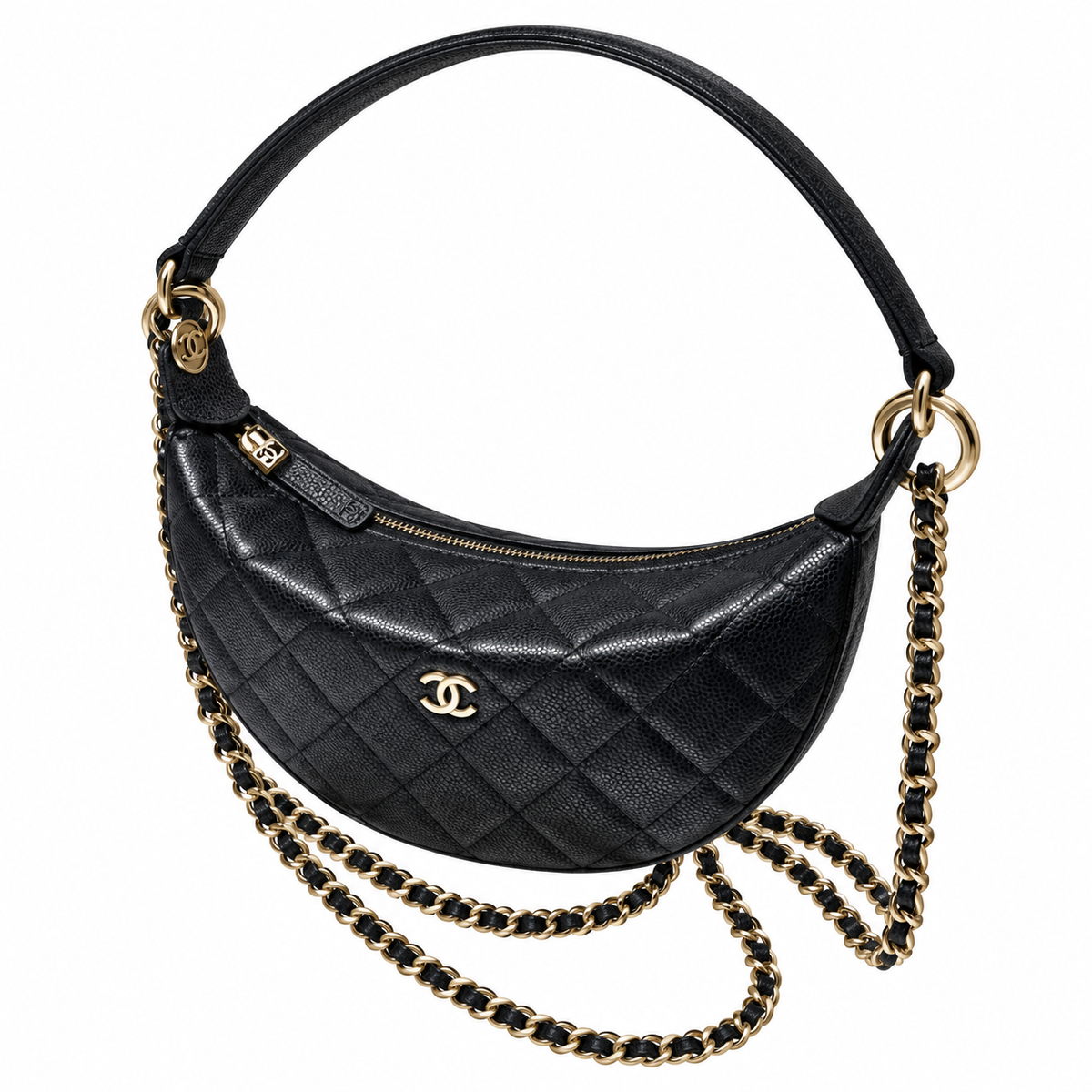 Chanel Crescent Zip Hobo Quilted Caviar Black Gold CC 22cm