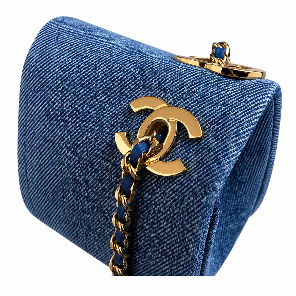 Chanel Medium Blue Denim Single Flap | Denim-Interwoven Gold Chain & CC Clips — 22cm
