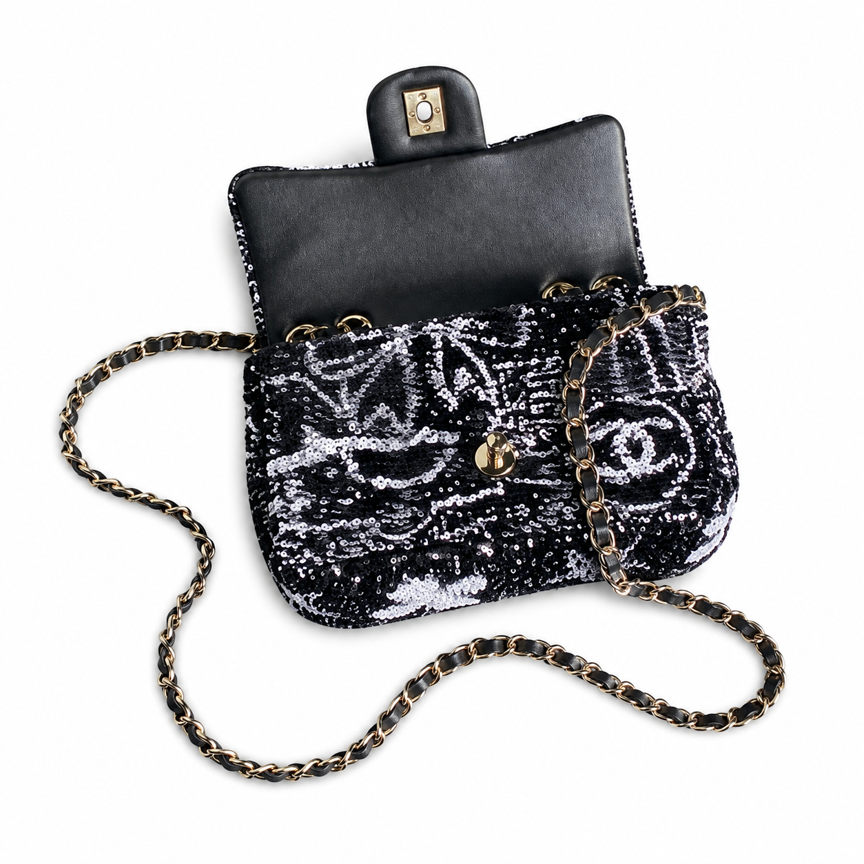 Chanel Black & Silver Sequin Hand-Drawn Flap Bag | Bow, Botanical Scrolls & Gestural Fills, Antique Gold CC