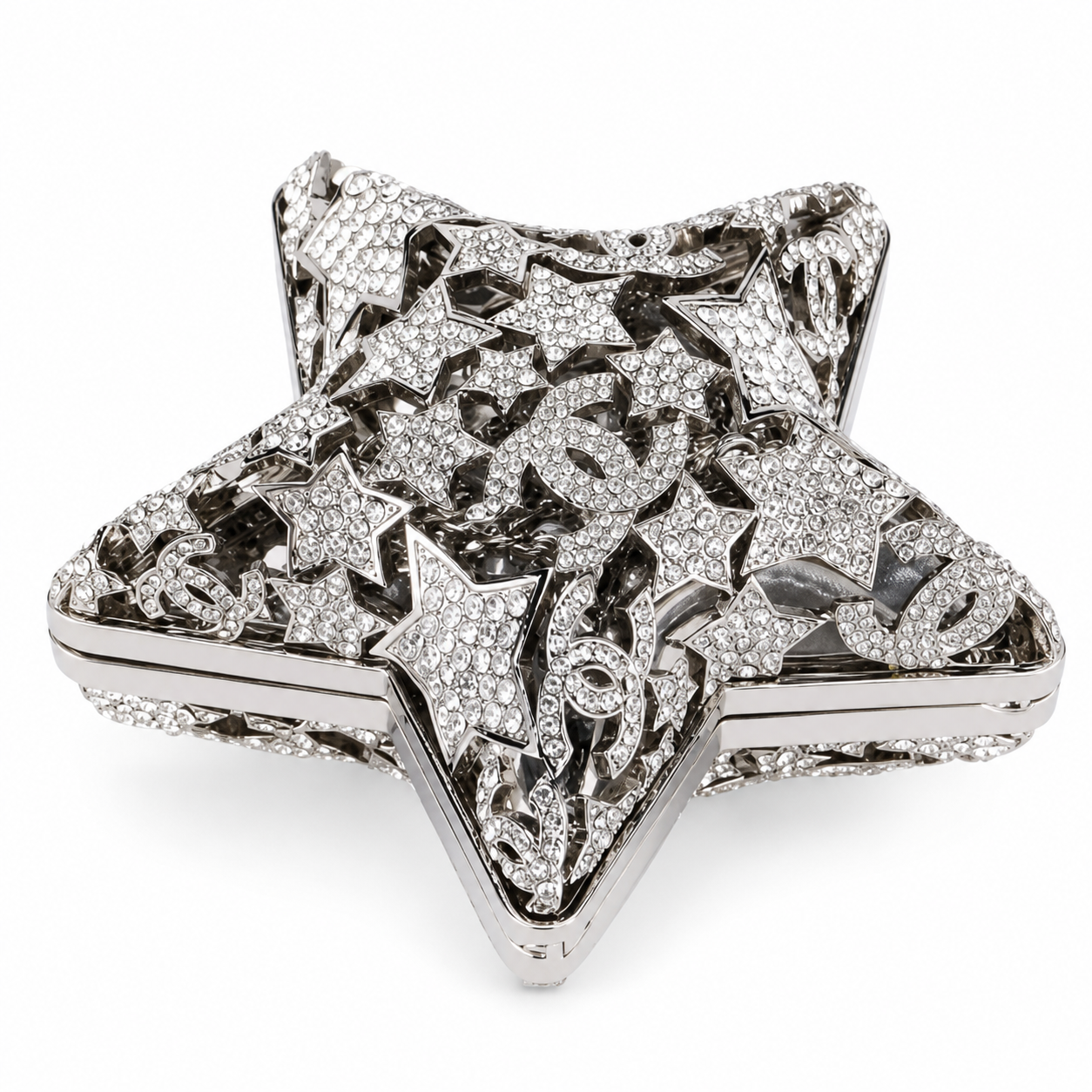 Chanel CC Pavé Crystal Star Minaudiere | Silver Filigree & Chain — 13cm