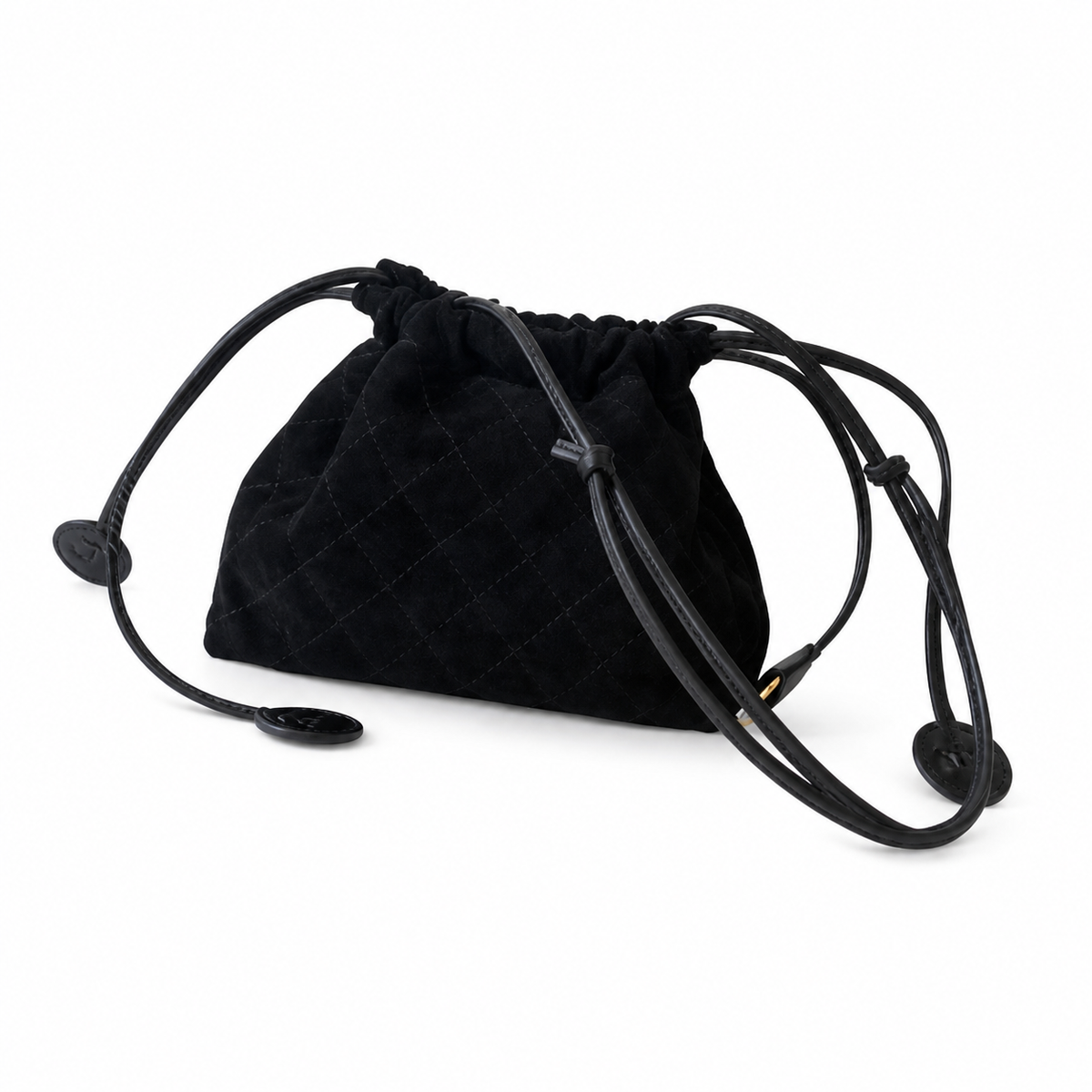 Chanel Black Quilted Suede Drawstring Bucket Bag | Gold CC Charm & D-Ring — 22cm