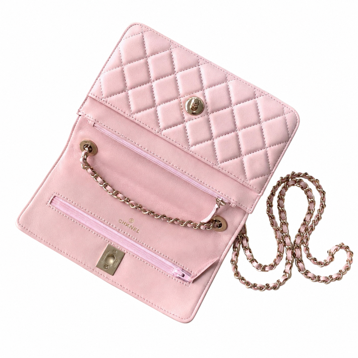 Chanel Sakura Pink Quilted Flap Bag | Crystal Pavé CHANEL Letter Frame Bar, Cylindrical Top Handle & Satin Interior