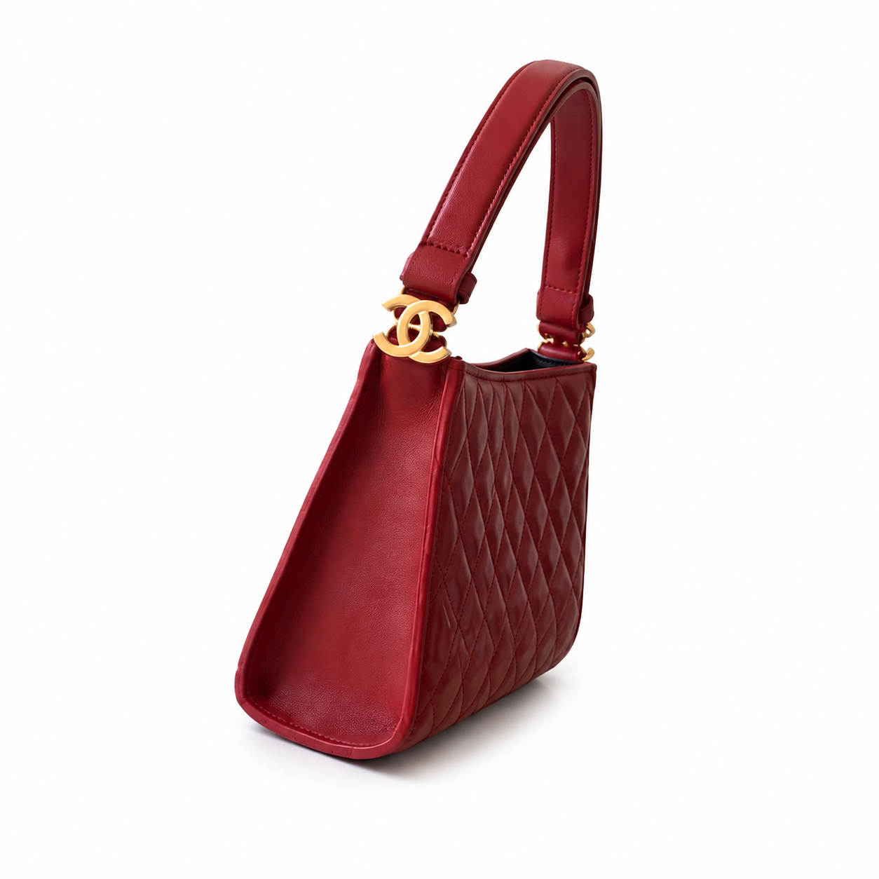 Chanel Quilted Lambskin Top Handle Tote | Gold Ring Burgundy Red — 14x22cm