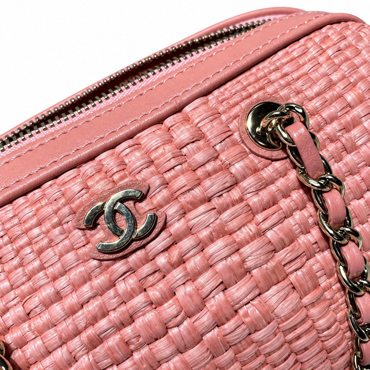 Chanel Raffia Barrel Bag Woven Pink Rose Gold Chain 18.5cm