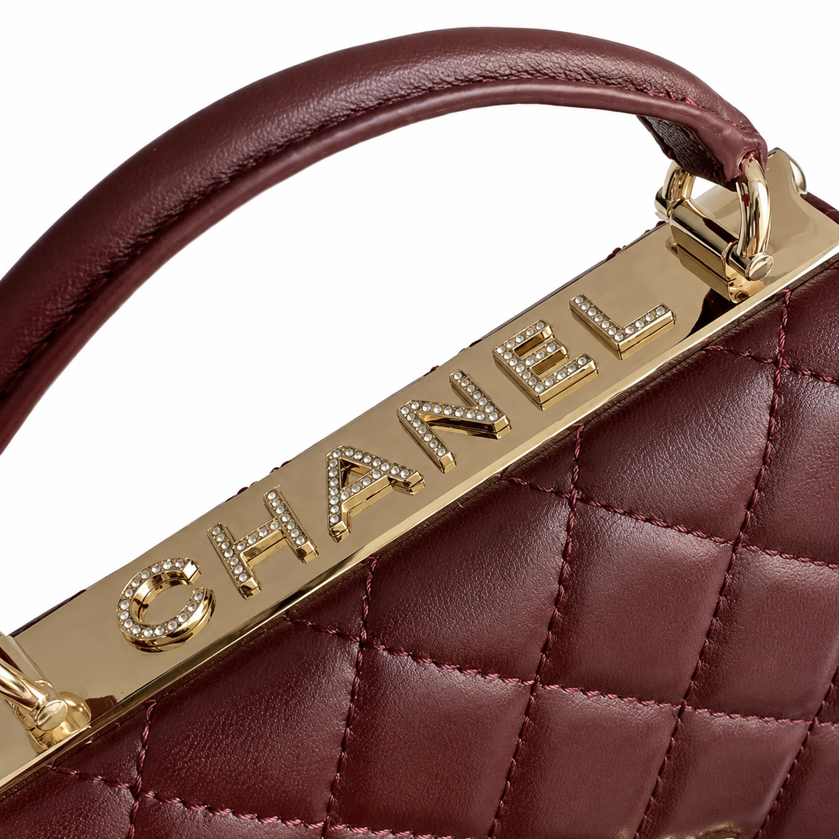 Chanel Burgundy Quilted Lambskin Flap Bag | Pavé Crystal & Pearl CC Turn-Lock, Gold Leaf Motif & Rigid Top Handle