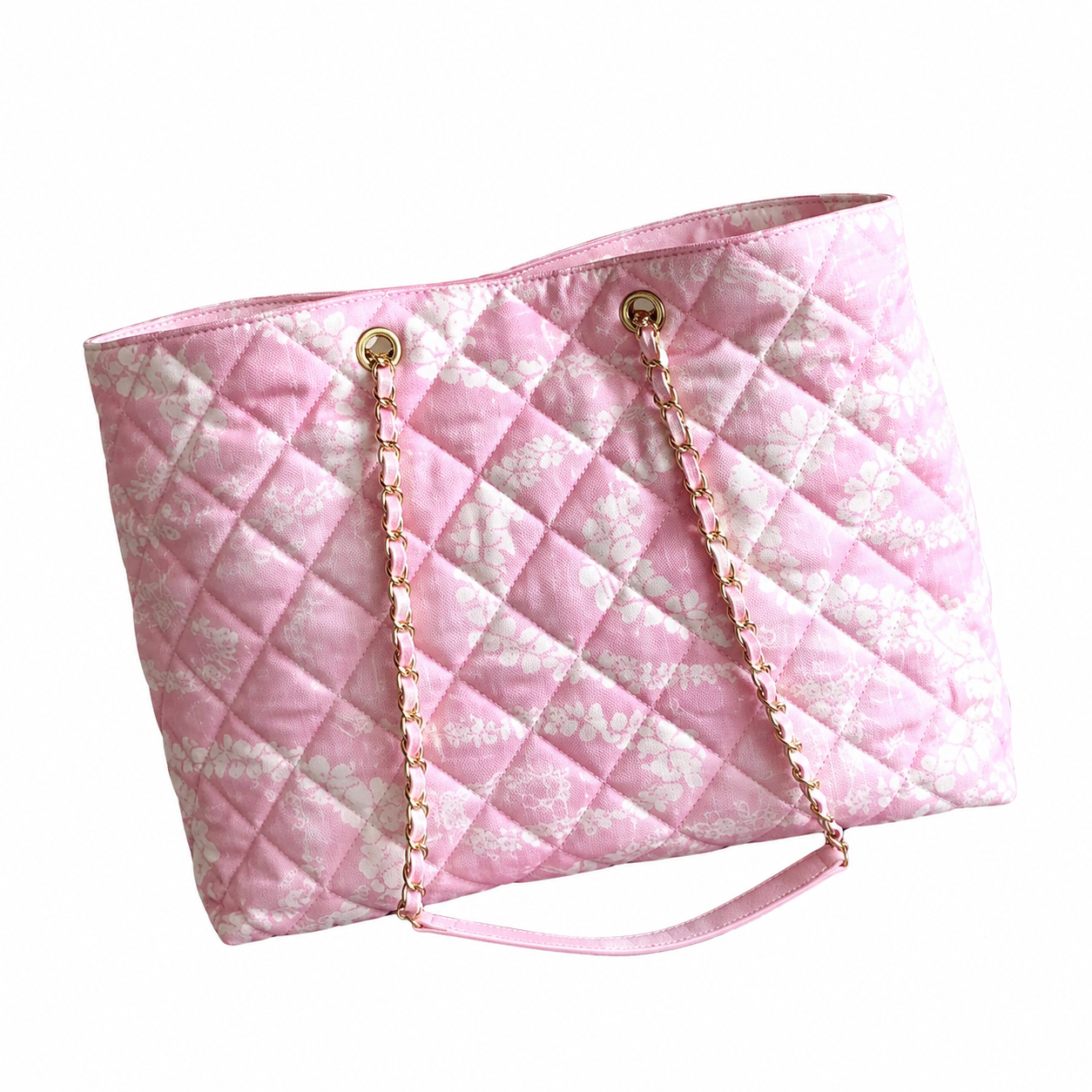Chanel Pink Floral Jacquard Quilted Shopping Tote | Rose Gold CC Turn-Lock, Dual Tube Handles & Rose Gold Chain