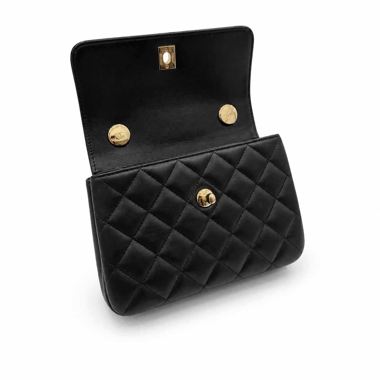 Chanel Trendy CC Mini Top-Handle Flap Black Lambskin | Gold CHANEL Nameplate Bar — 20cm