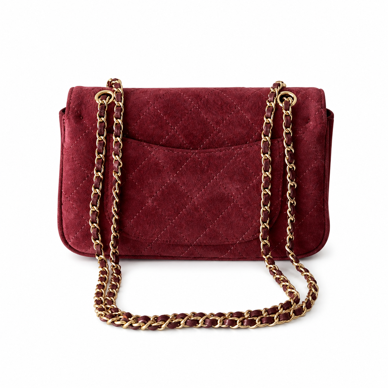 Chanel Classic Single Flap Bag Deep Burgundy Quilted Suede | Matte Gold CC Turn-Lock — 20cm