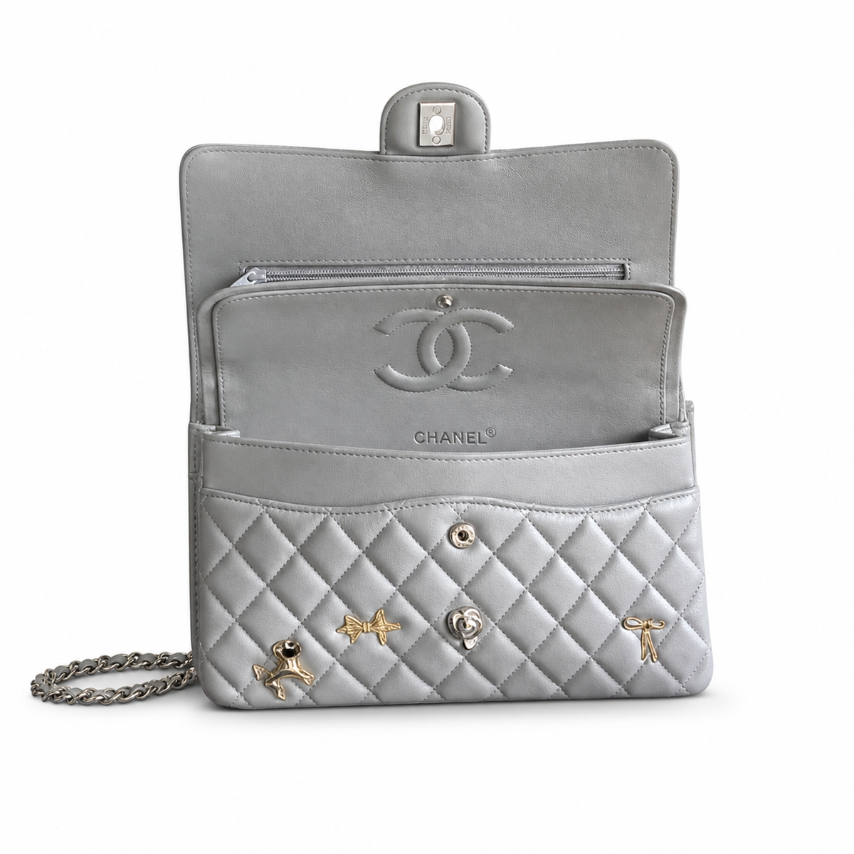 Chanel CC Quilted Double Flap Bag | Grey Lambskin & Silver — 25cm