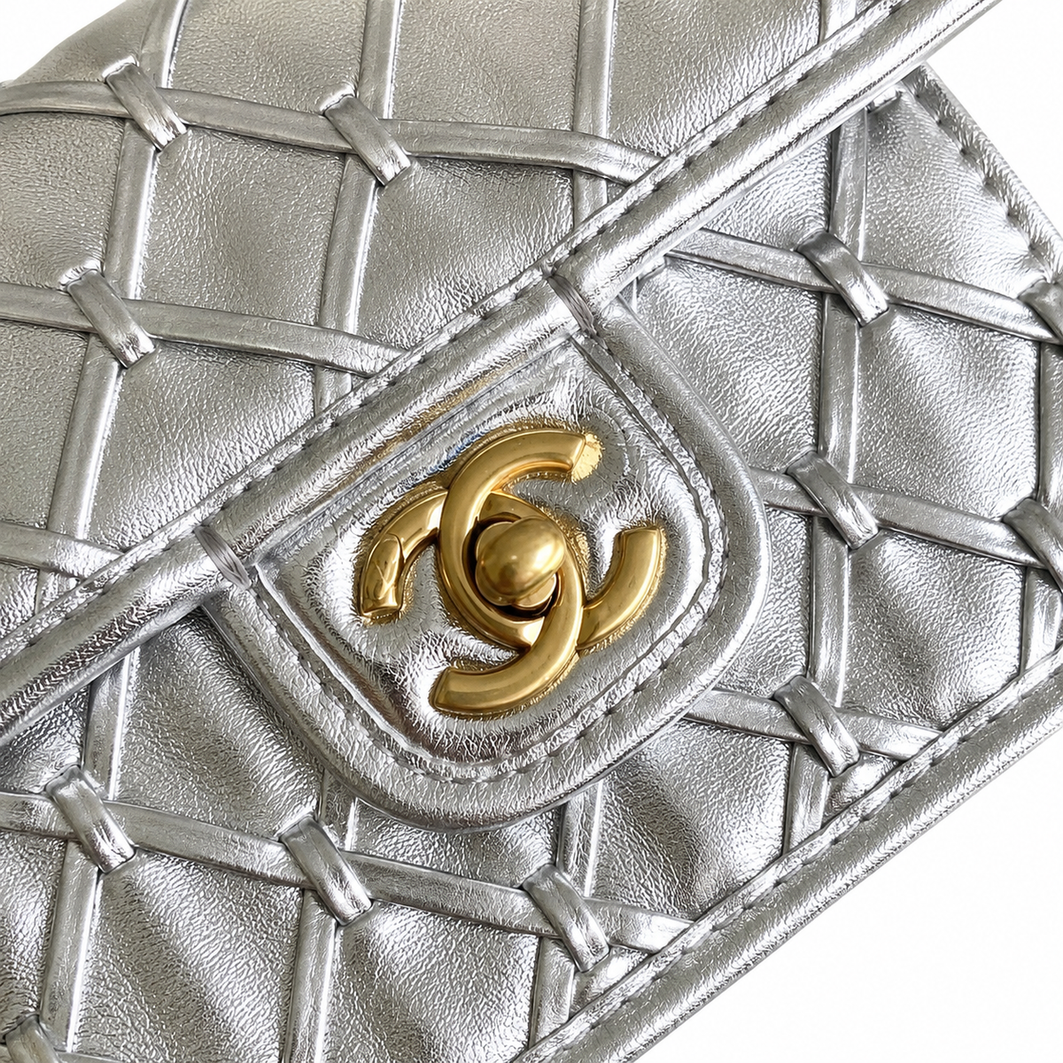 Chanel Silver Crinkled Metallic Quilted Small Flap Bag