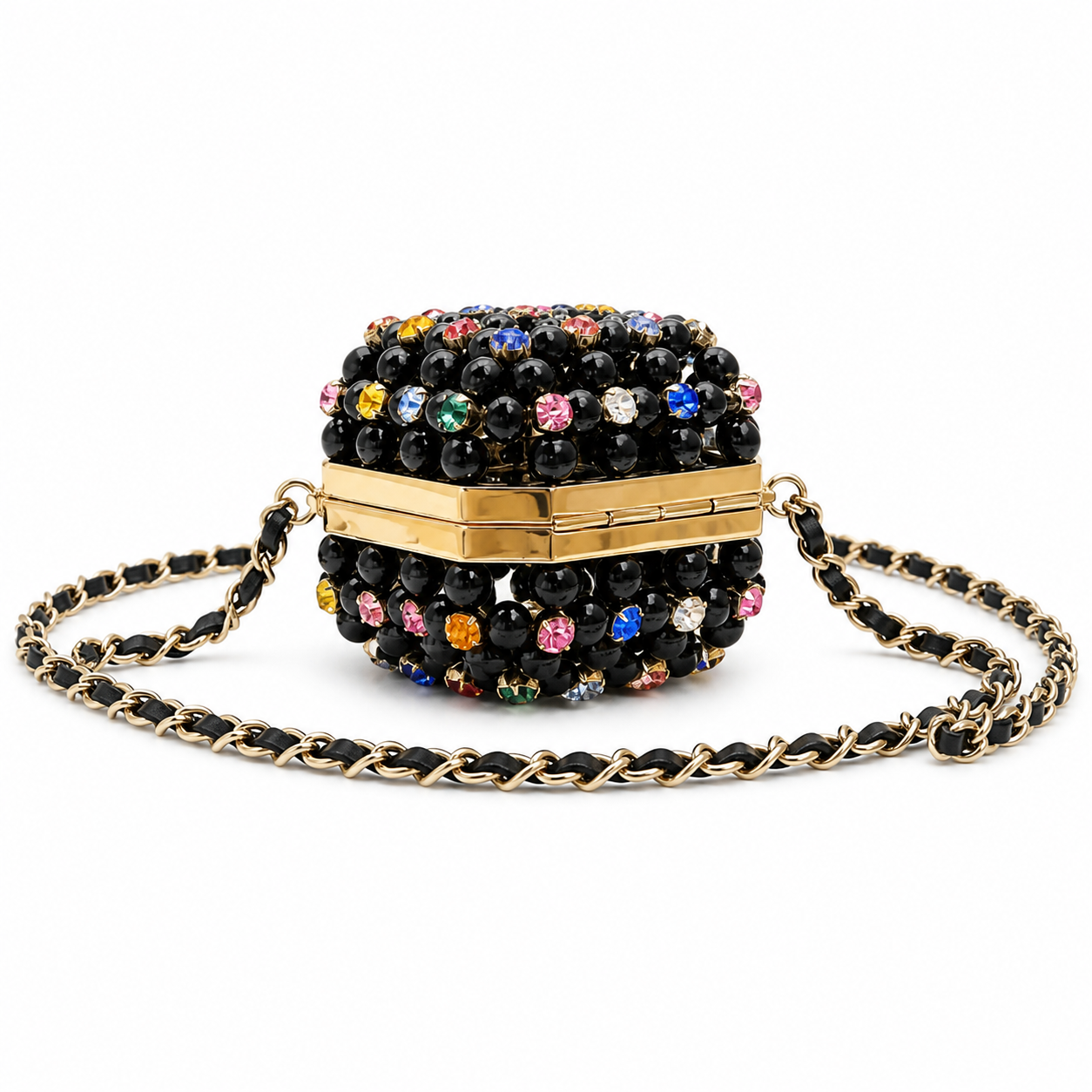 Chanel Black Pearl Minaudère Box Bag | Multicolor Rhinestones & Gold CC — 8cm