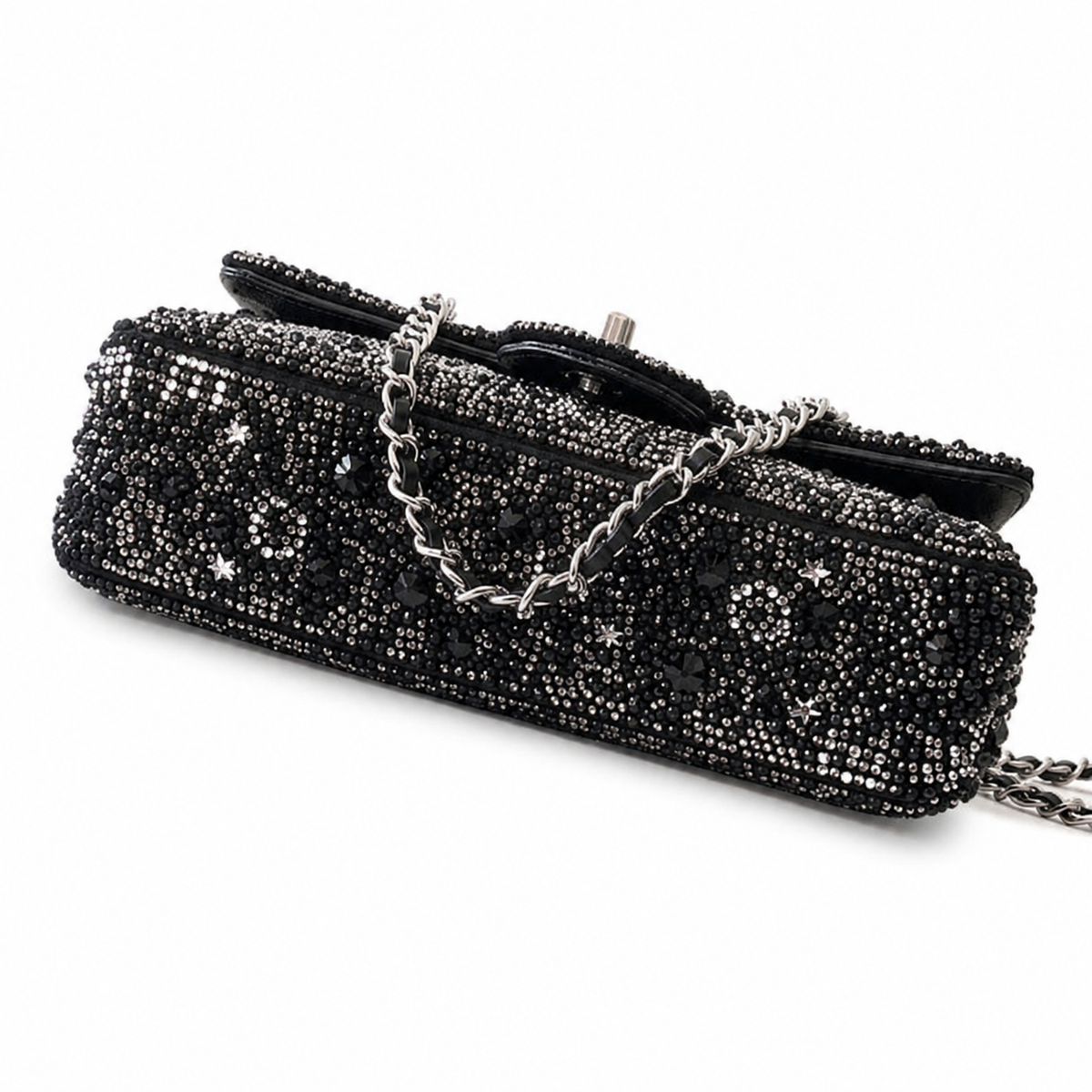 Chanel Crystal Star Flap Bag | CC Turn-Lock Silver Chain Black — 20cm