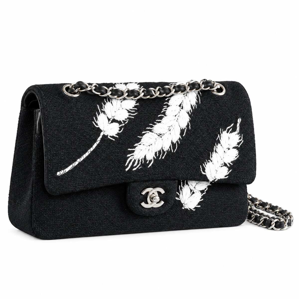 Chanel Classic Double Flap Tweed Black Camellia Charm Silver 25cm