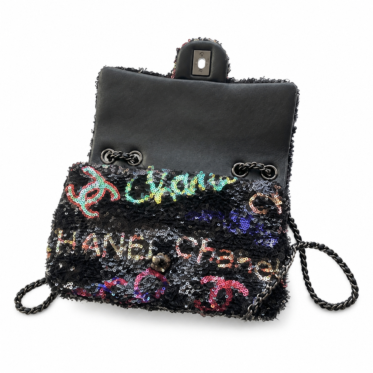 Chanel Sequin Graffiti Flap Bag | CC Logo Silver Chain Black — 14x21cm