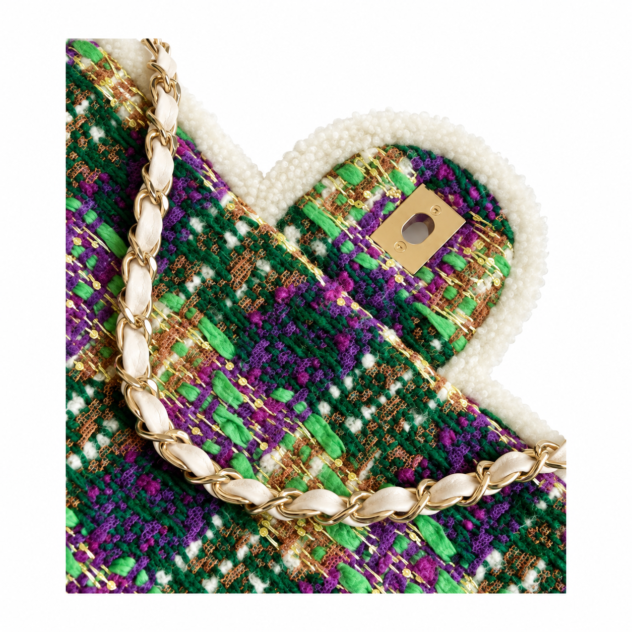 Chanel Tweed Bead Embellished Flap Bag Purple Green 21×33×10cm