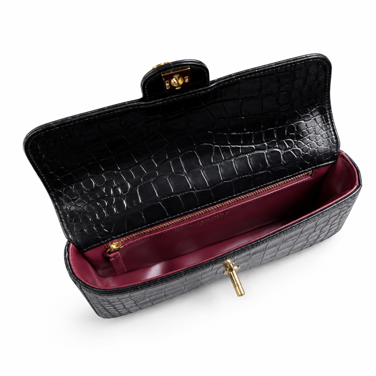 Chanel Black High-Gloss Croc-Embossed Flap Bag | Black Crystal CC Turn-Lock & Letter Charm Chain