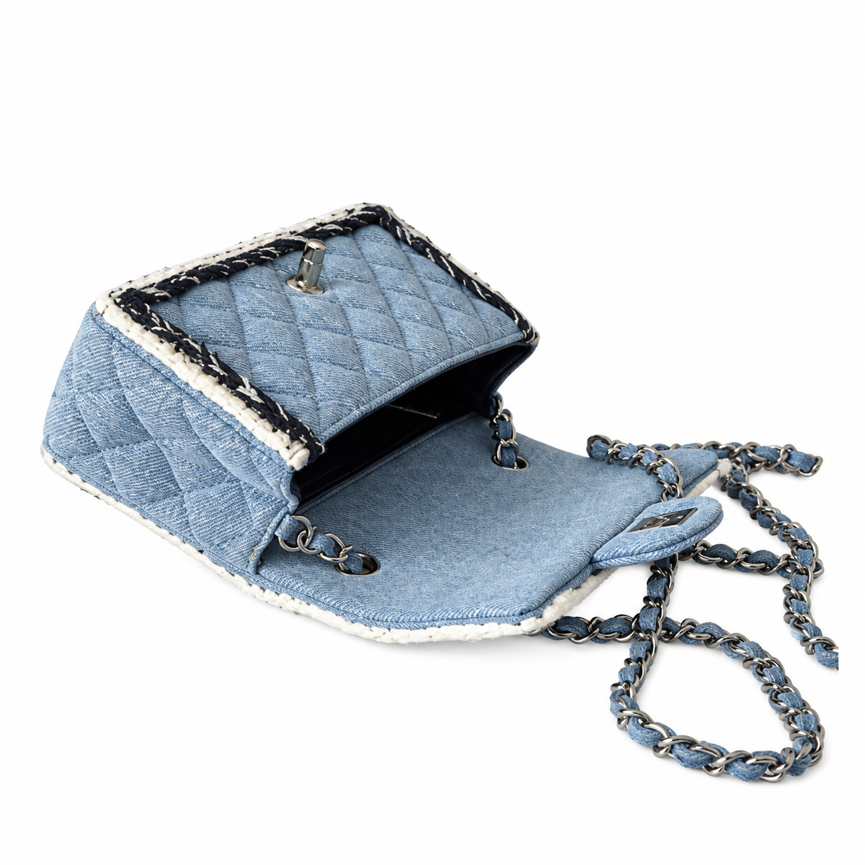 Chanel Quilted Denim Mini Flap Bag White Yarn Trim 20cm