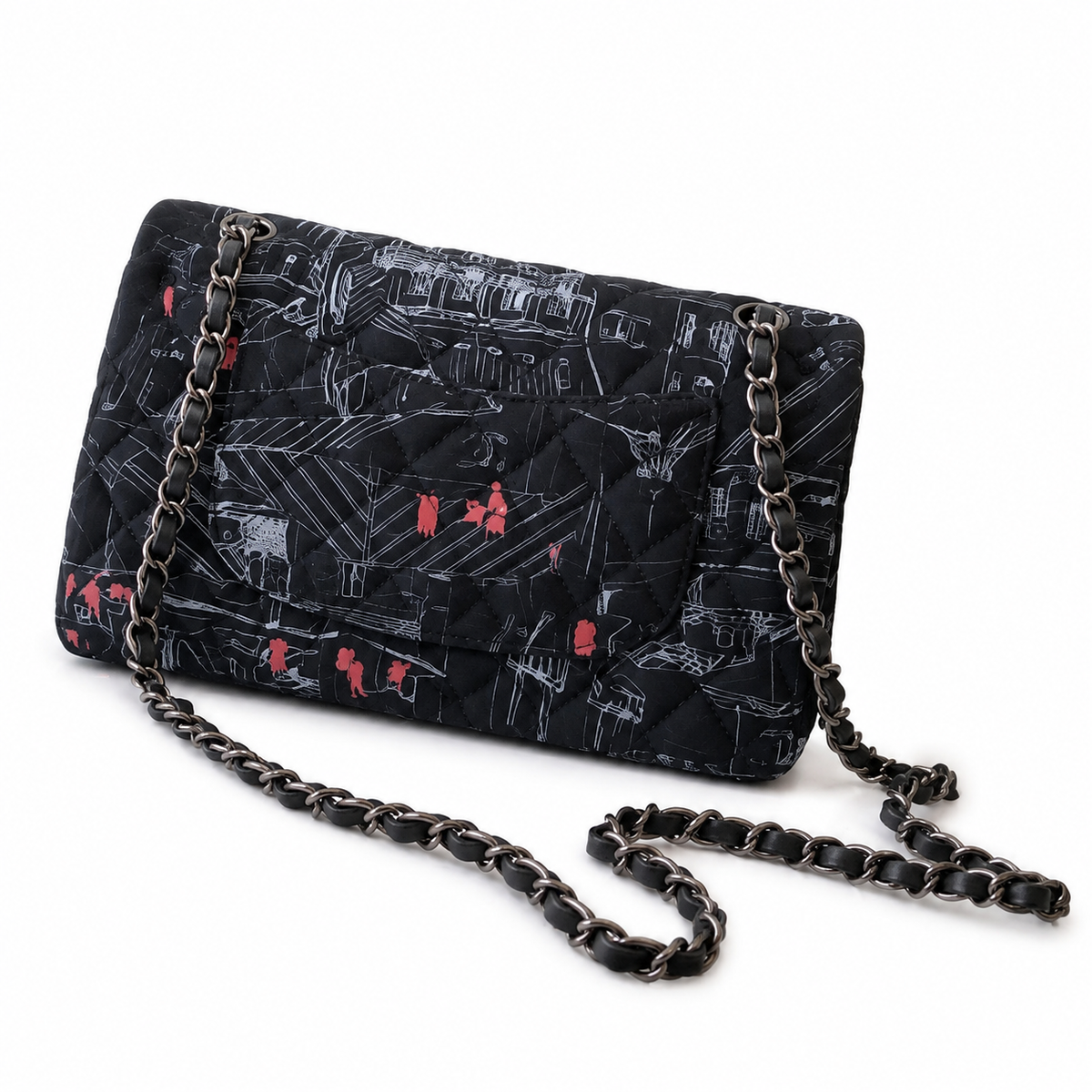 Chanel Medium Flap Bag | Embroidered Fabric Art Print Ruthenium CC Black — 20cm