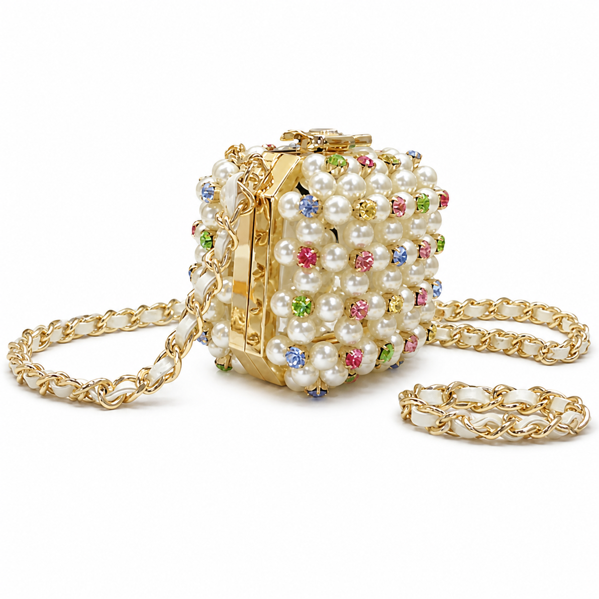 Chanel Cream Pearl Minaudère Box Bag | Rhinestones & Pearl-Interwoven Chain — 8cm