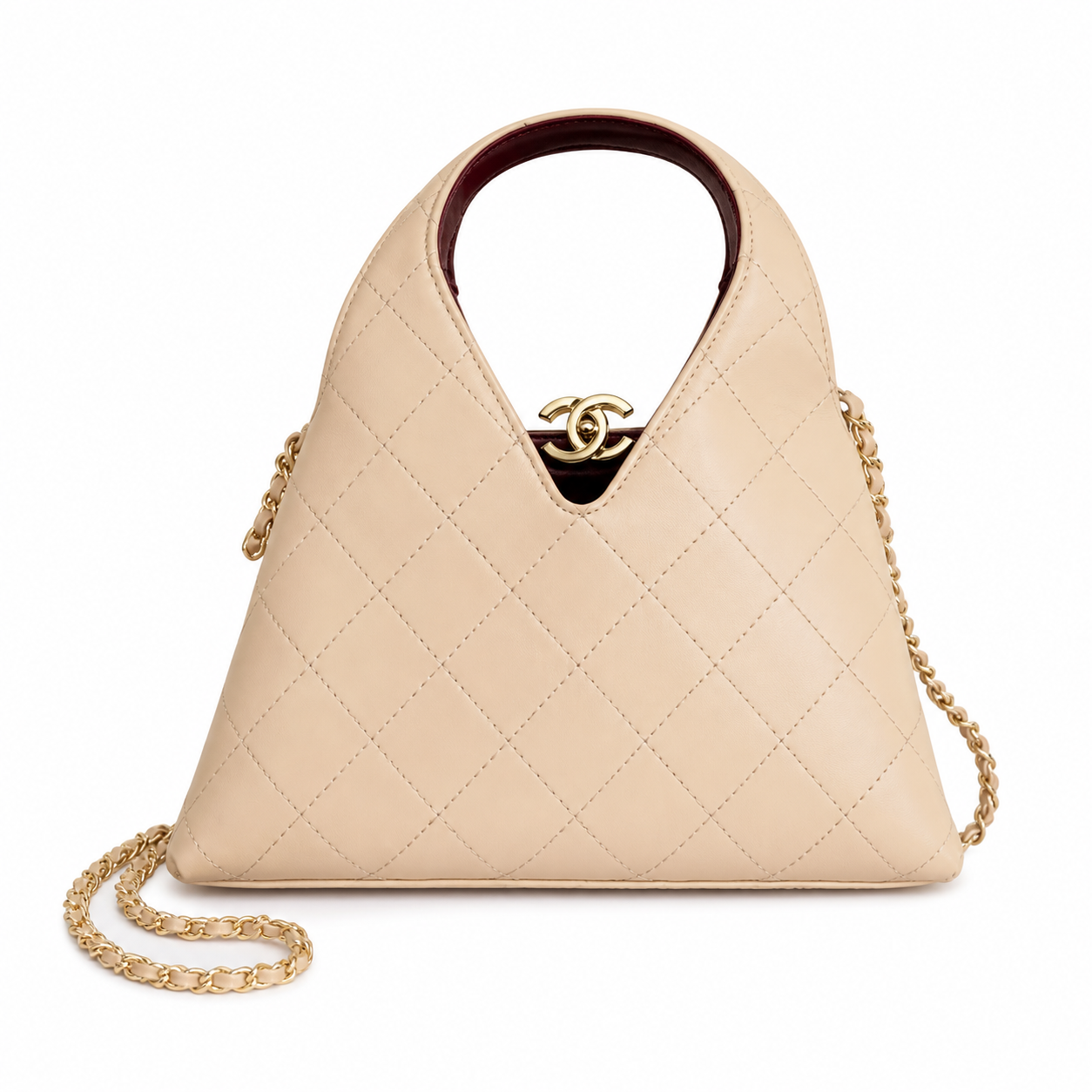 Chanel Large Hobo Bag Warm Beige Diamond-Quilted Lambskin | Burgundy Interior & Gold CC Clasp — 32cm